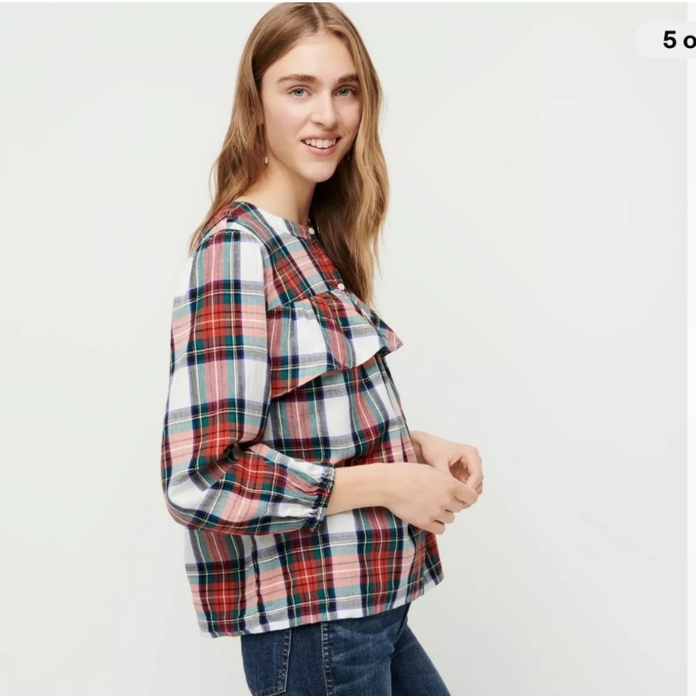 J. Crew women’s plaid pattern blouse top cotton ruffle, metallic accent relax S